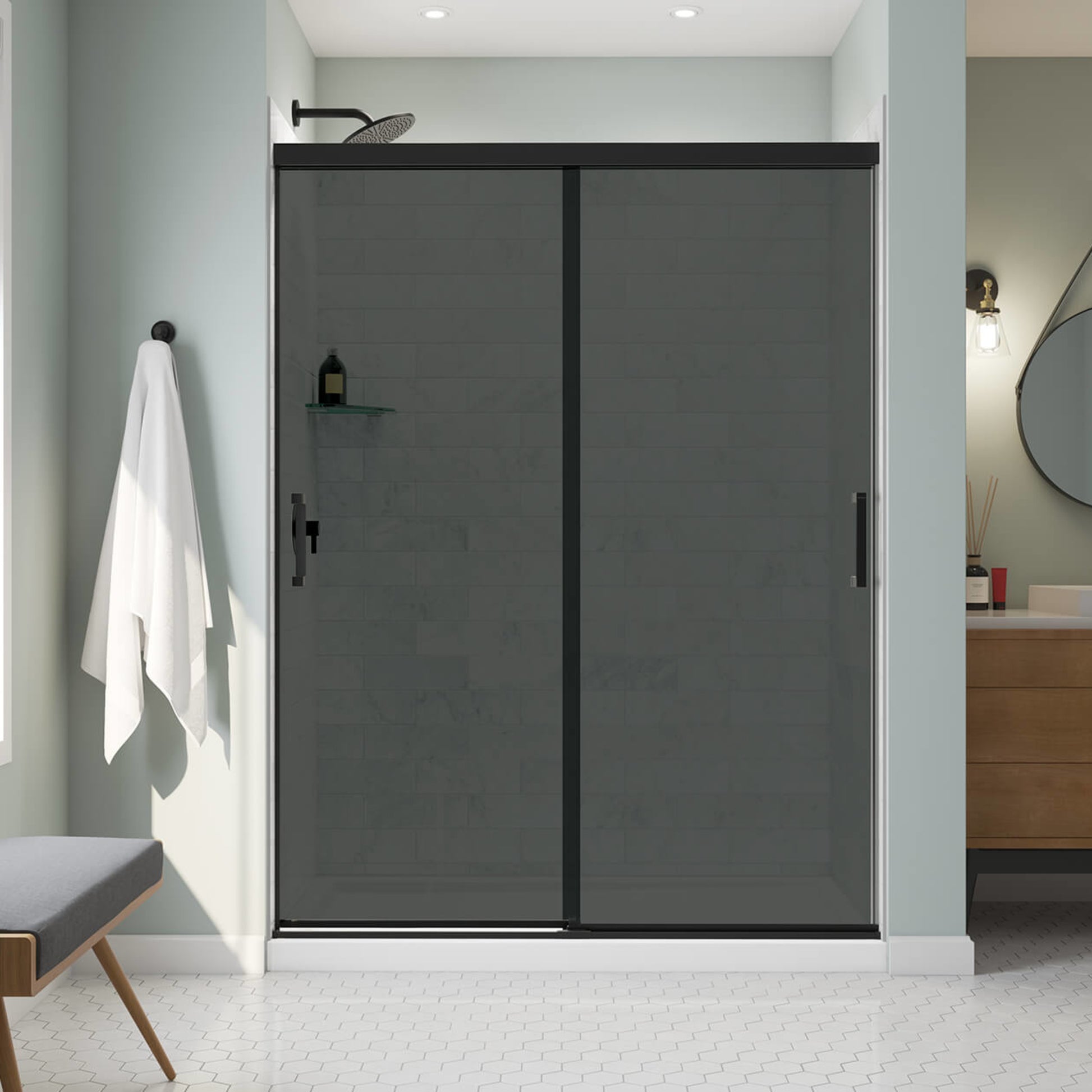 Incognito 76 Smoke 56-59 x 76 in. 8mm Bypass Shower Door for Alcove Installation with Dark Smoke glass in Matte Black