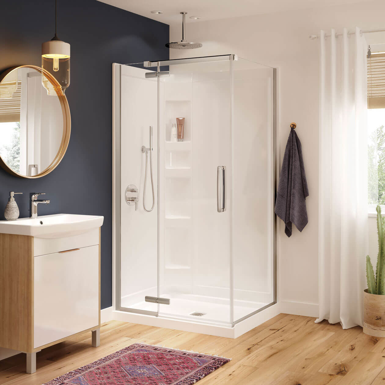 Hana Rectangular 42 x 34 x 75 in. 8mm Pivot Shower Door for Corner Installation with Clear glass in Chrome