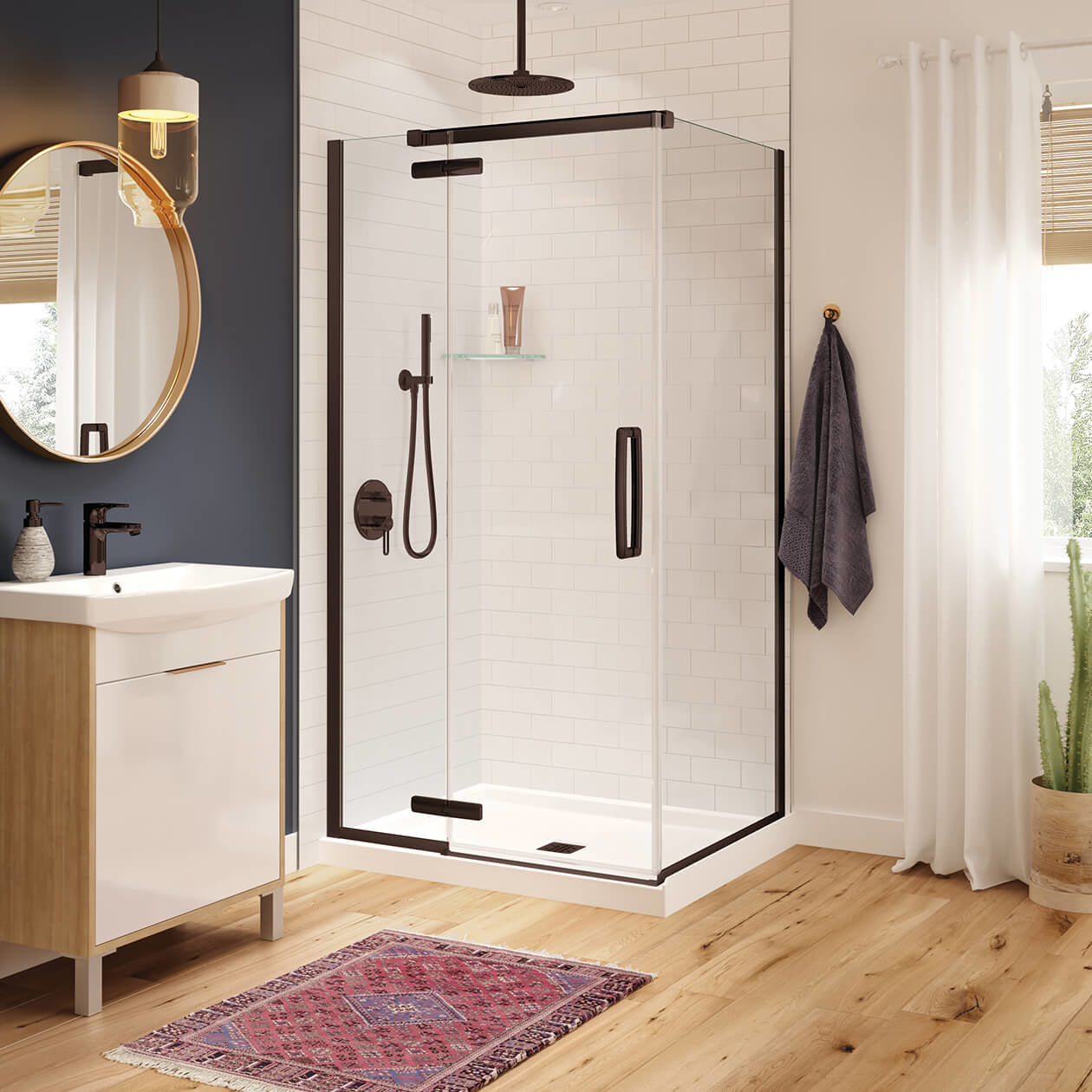 Hana Rectangular 42 x 34 x 75 in. 8mm Pivot Shower Door for Corner Installation with Clear glass in Chrome
