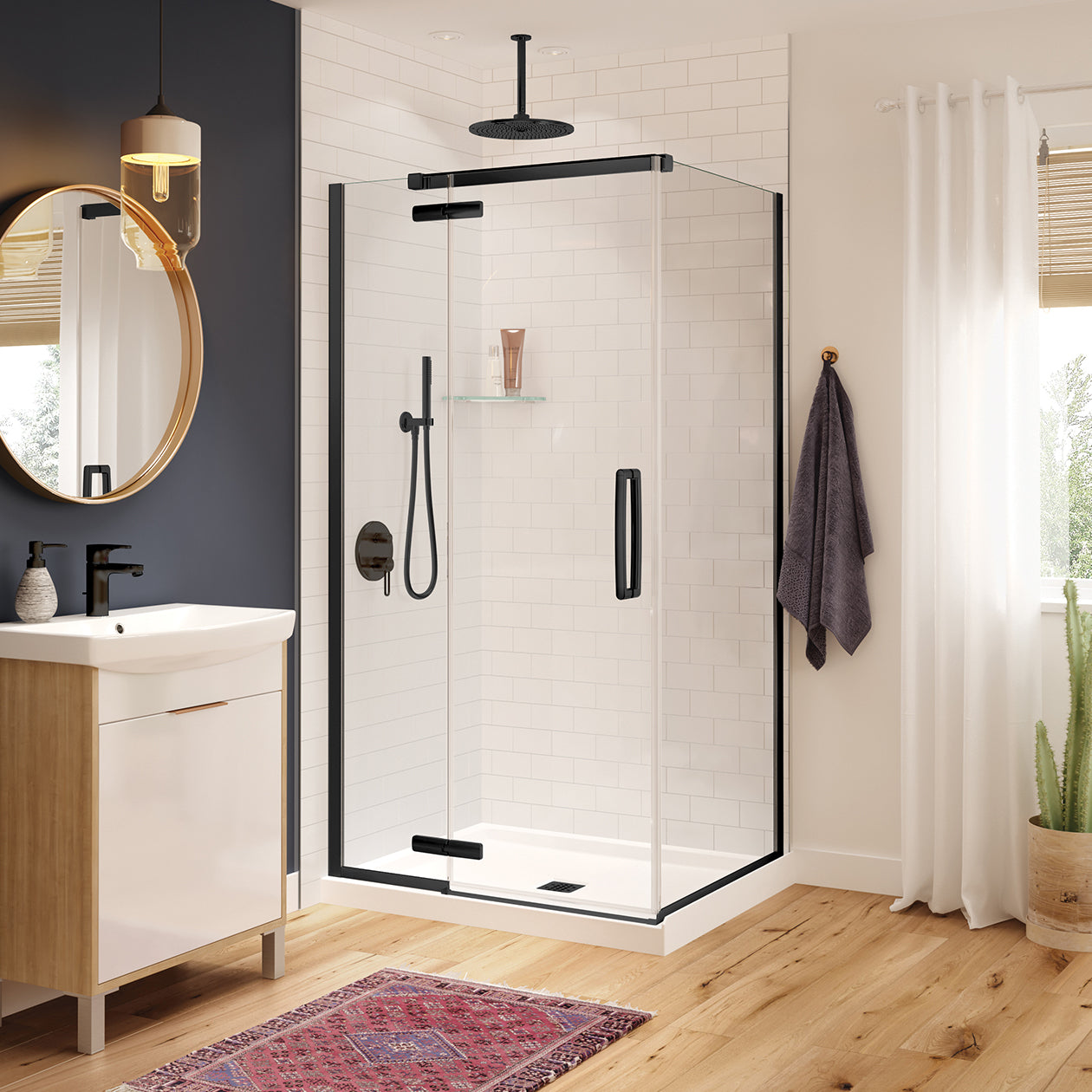 Hana Rectangular 42 x 34 x 75 in. 8mm Pivot Shower Door for Corner Installation with Clear glass in Chrome