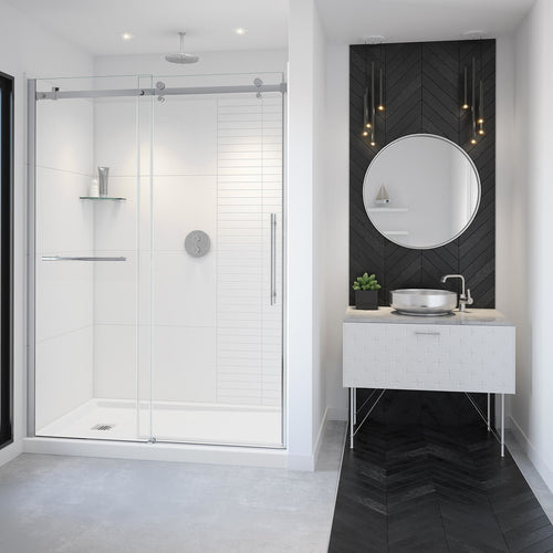Vela 56 ½-59 x 78 ¾ in. 8mm Sliding Shower Door with Towel Bar for Alcove Installation with Clear glass in Chrome