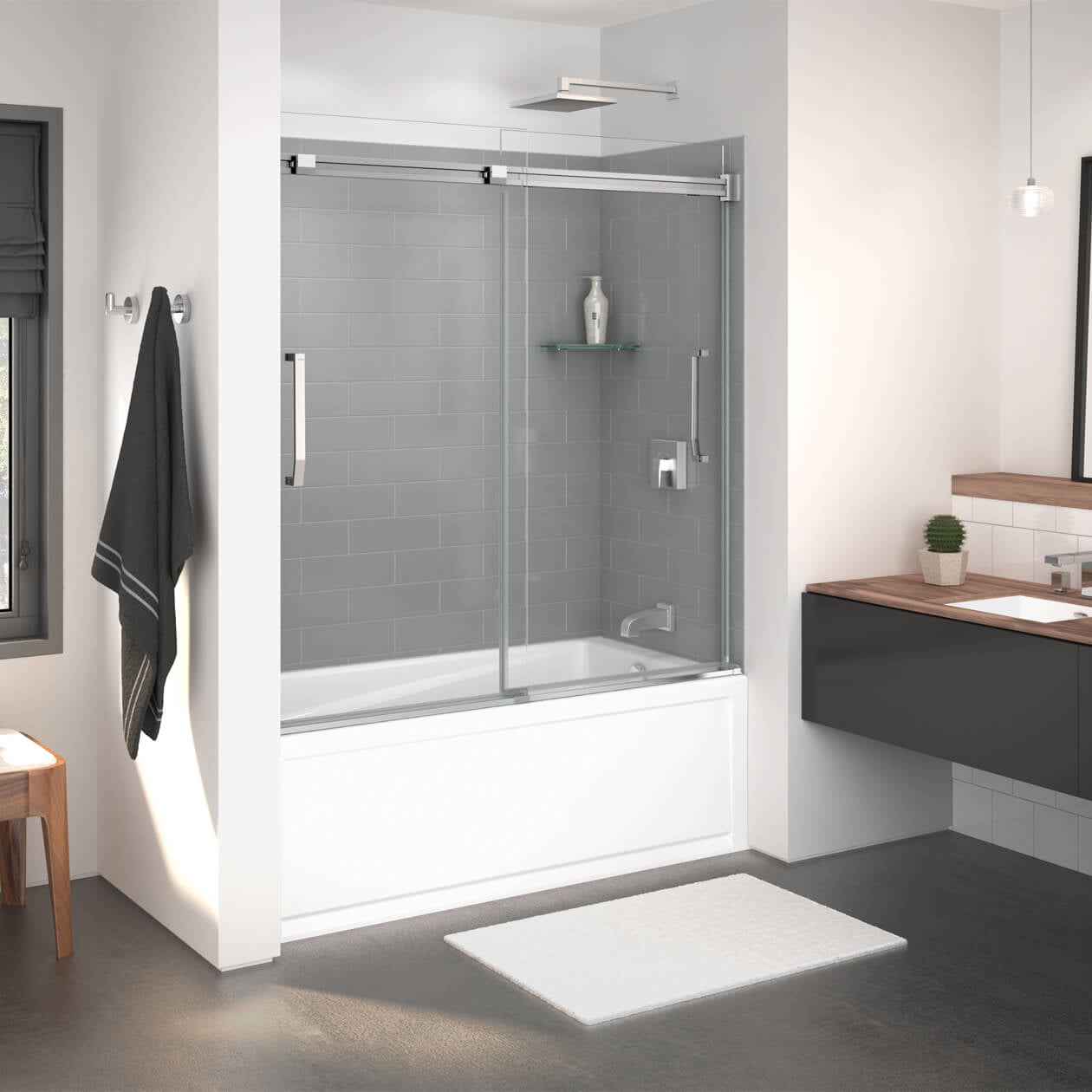 Inverto 56-59 x 55 ½-59 in. 8mm Bypass Tub Door for Alcove Installation with Clear glass in Chrome