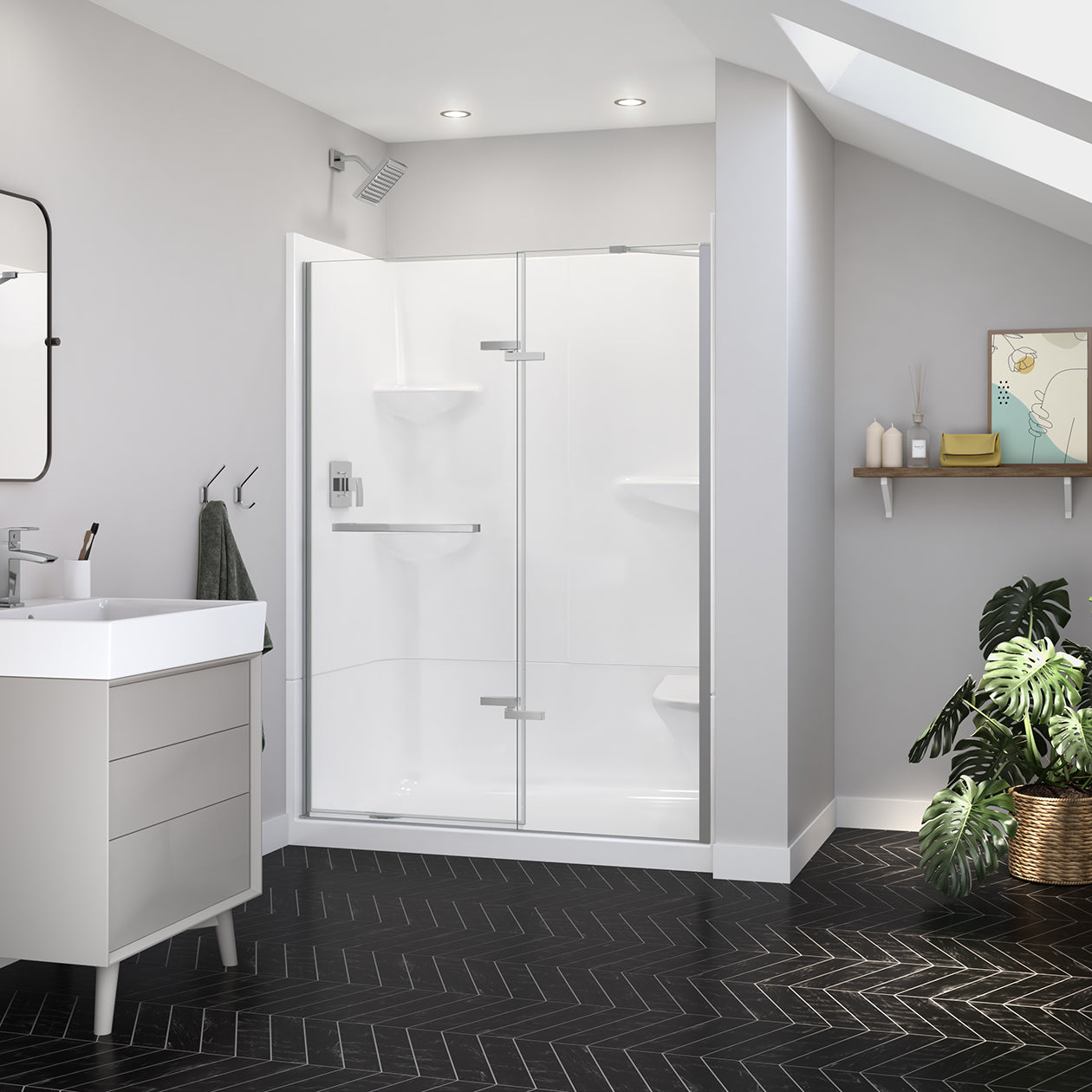 Reveal Sleek 71 51 1/2-54 1/2 x 71 1/2 in. 8mm Pivot Shower Door for Alcove Installation with Clear glass in Chrome