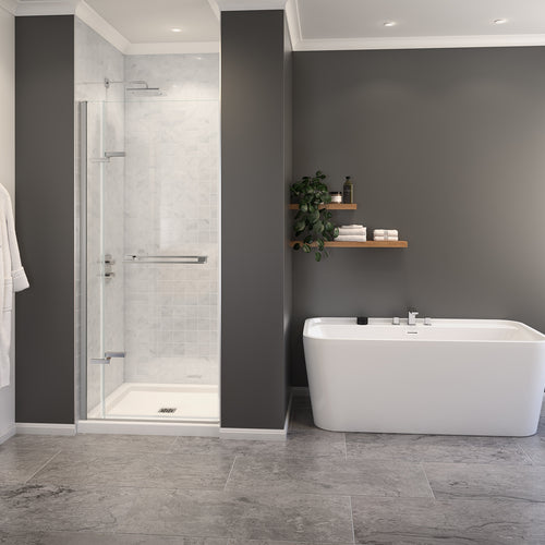 Capella 78 32 ½-35 ½ x 78 in. 8 mm Pivot Shower Door for Alcove Installation with GlassShield® glass in Chrome