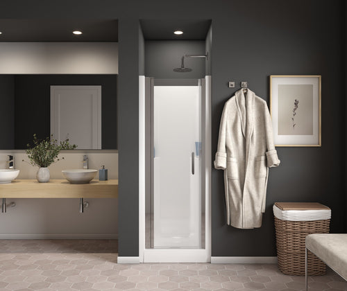 Cappadocia 23-25 x 68 in. 6 mm Pivot Shower Door for Alcove Installation with Clear glass & Round Handle in Chrome