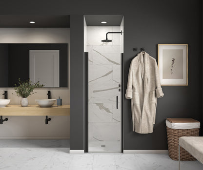Cappadocia 27-29 x 68 in. 6 mm Pivot Shower Door for Alcove Installation with Clear glass & Round Handle in Chrome