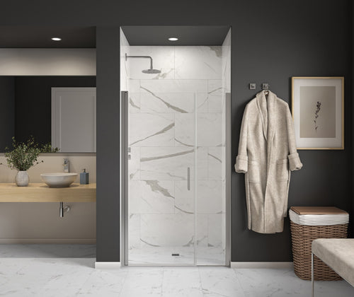 Cappadocia 43-45 x 68 in. 6 mm Pivot Shower Door for Alcove Installation with Clear glass & Round Handle in Chrome