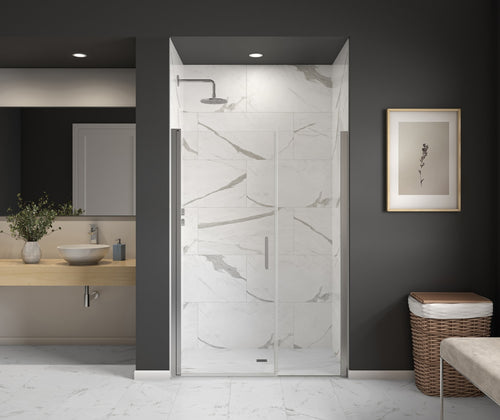 Cappadocia 49-51 x 68 in. 6 mm Pivot Shower Door for Alcove Installation with Clear glass & Round Handle in Chrome