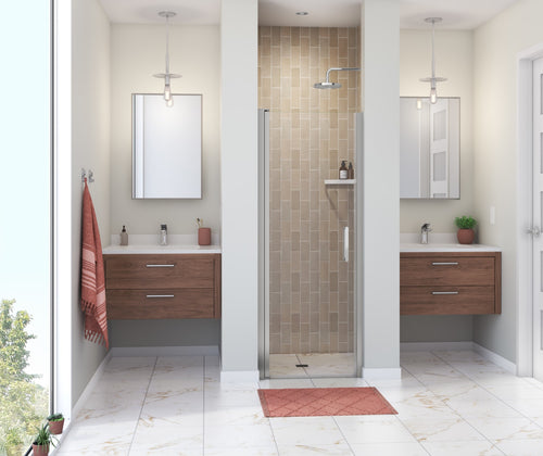Manhattan 23-25 x 68 in. 6 mm Pivot Shower Door for Alcove Installation with Clear glass & Round Handle in Chrome