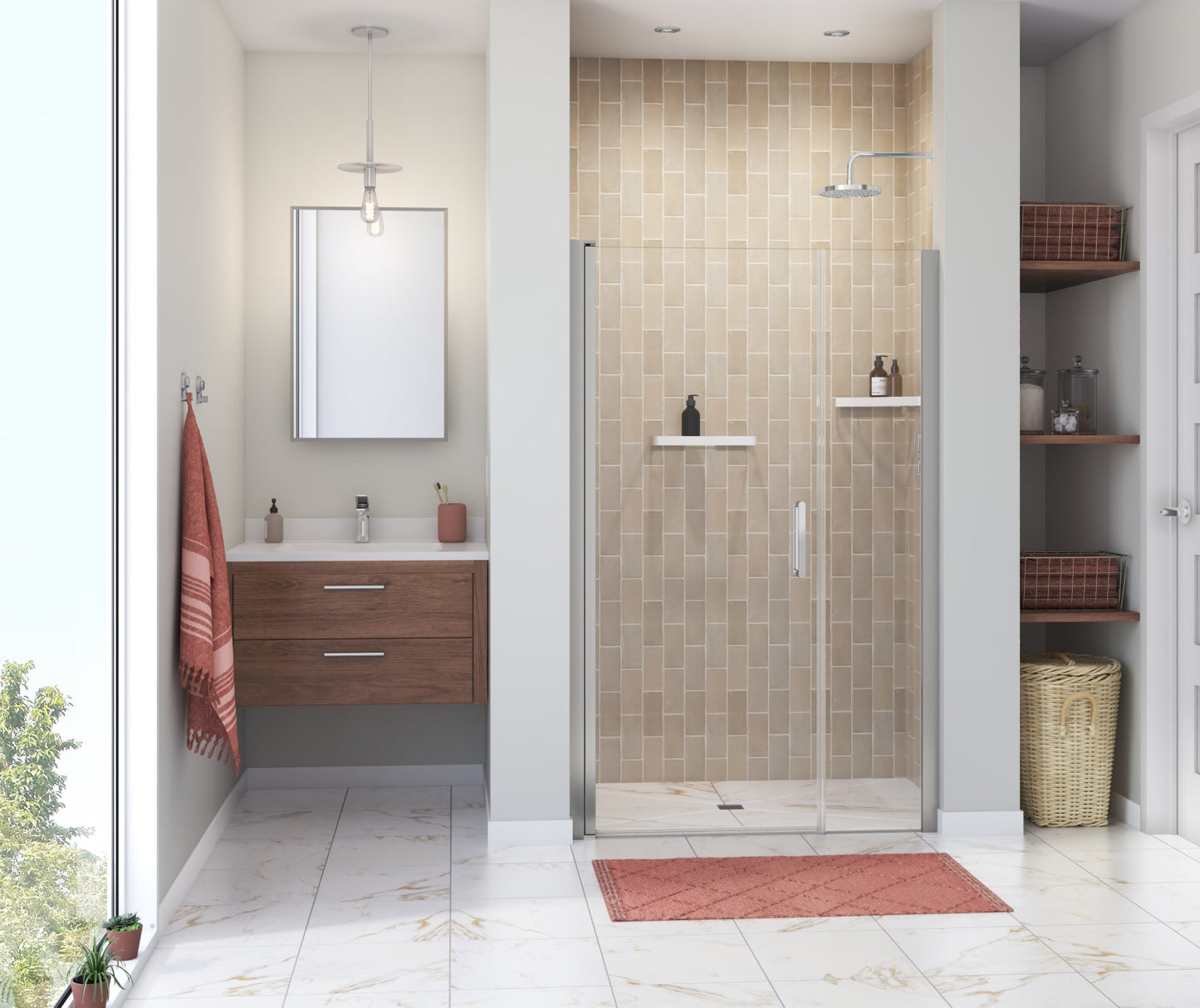 Manhattan 45-47 x 68 in. 6 mm Pivot Shower Door for Alcove Installation with Clear glass & Round Handle in Chrome