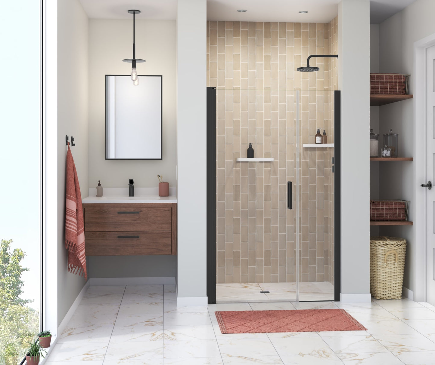 Manhattan 45-47 x 68 in. 6 mm Pivot Shower Door for Alcove Installation with Clear glass & Round Handle in Chrome