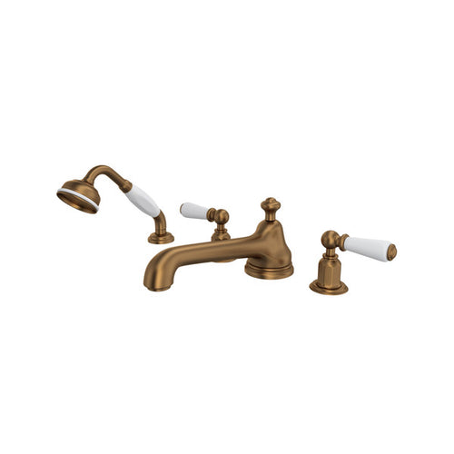 Perrin & Rowe Edwardian 4-Hole Deck Mount Low Level Spout Tub Filler With Handshower - With Metal Lever Handle.3737L