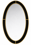 Oval mirror with black and gold frame on a white background