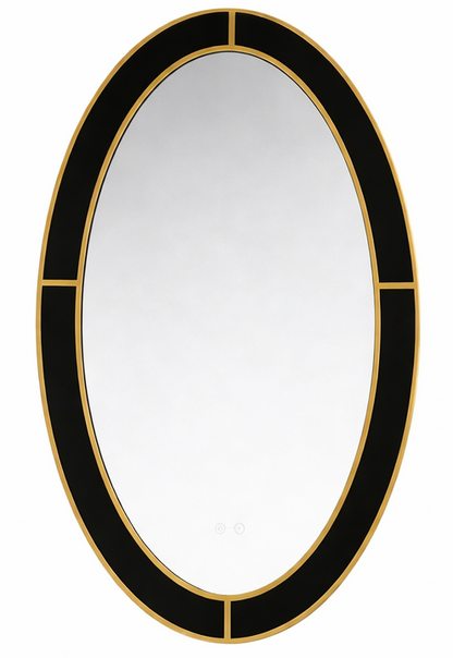 Oval mirror with black and gold frame on a white background