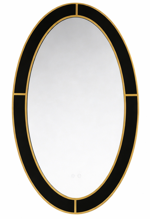 Oval mirror with black and gold frame on a white background