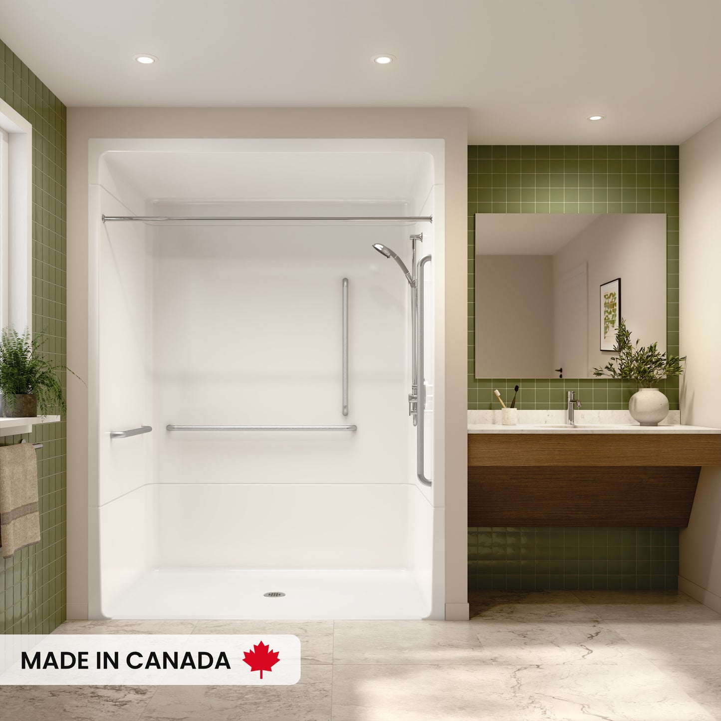 Neptune Banff BFS-6036A Acrylic Alcove Center Drain Beveled Threshold One-Piece Shower in White