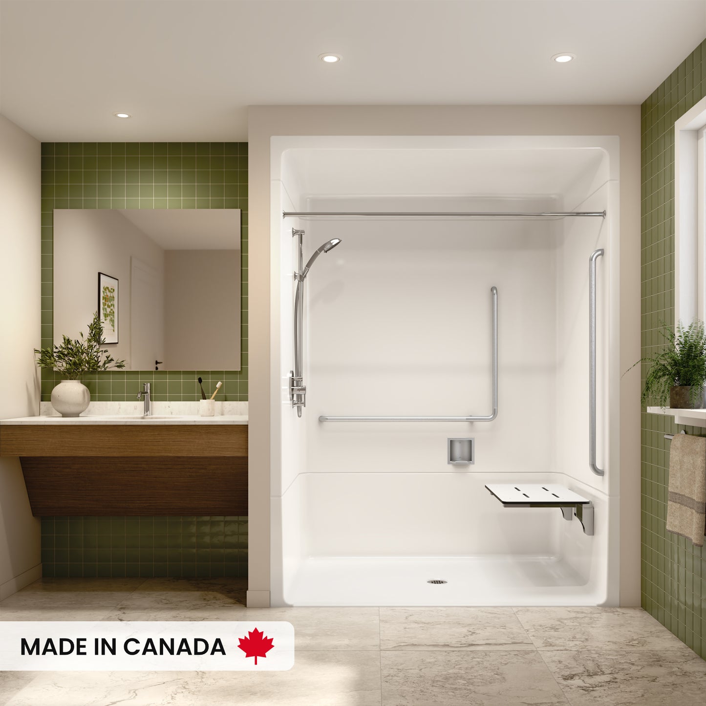 Neptune Banff BFS-6036A Acrylic Alcove Center Drain Beveled Threshold One-Piece Shower in White