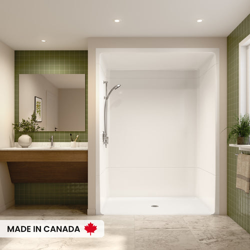 Neptune Banff BFS-6036A Acrylic Alcove Center Drain Beveled Threshold One-Piece Shower in White