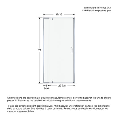 Neptune Belaya 32-36 x 72 in. 6mm Pivot Shower Door for Alcove Installation with Clear Glass in Chrome