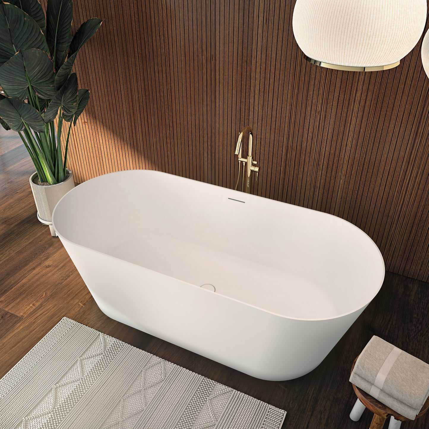 Neptune Girona 6628 AFR Solid Surface Freestanding Double Ended Center Drain Bathtub in Matte White