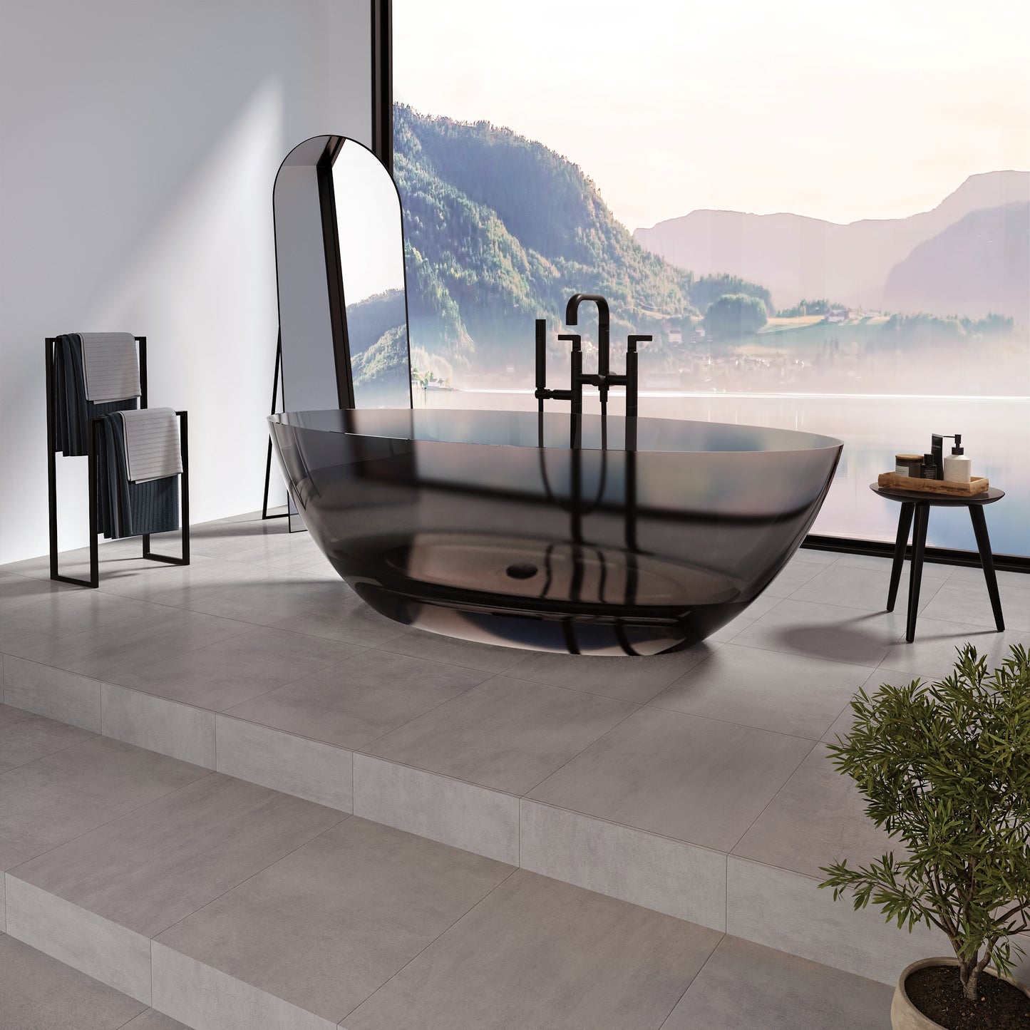 Neptune Mosta 6732 AFR Solid Surface Freestanding Double Ended Center Drain Clear Bathtub