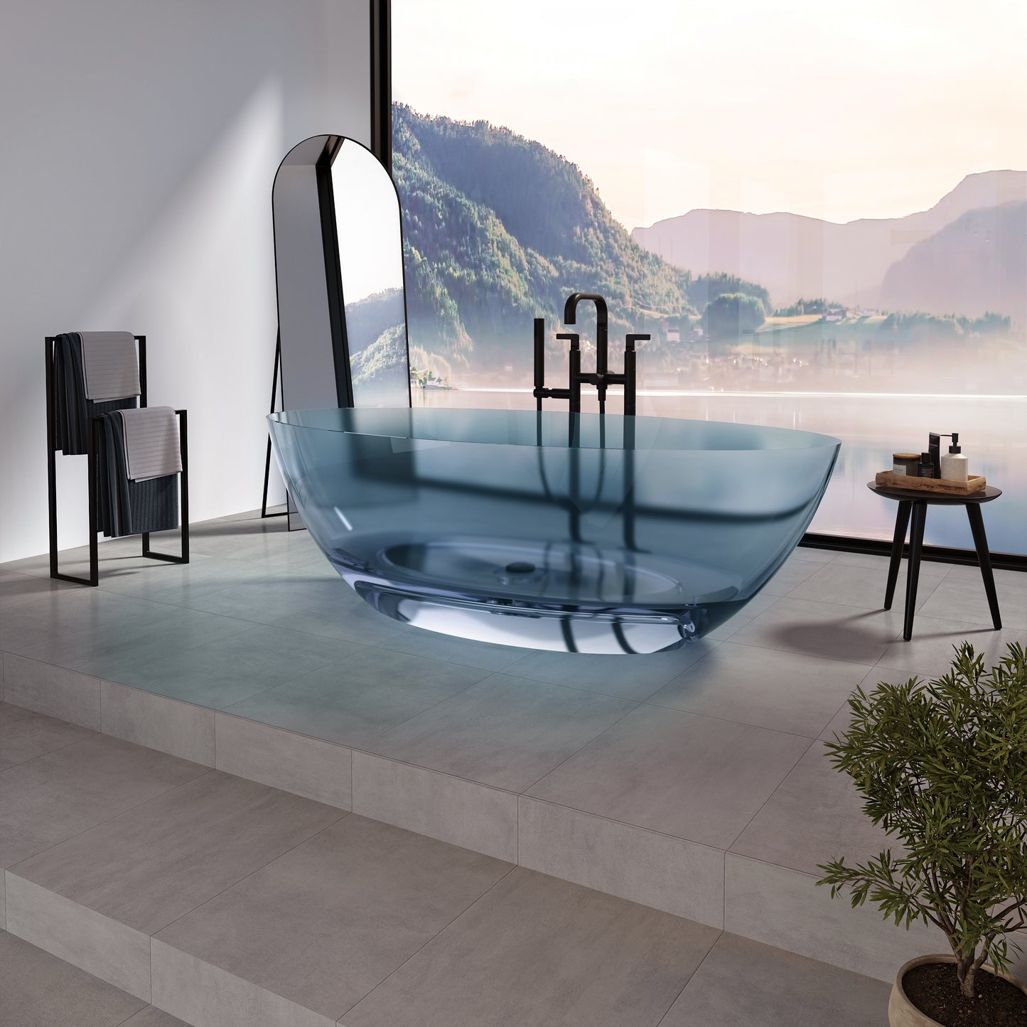 Neptune Mosta 6732 AFR Solid Surface Freestanding Double Ended Center Drain Clear Bathtub