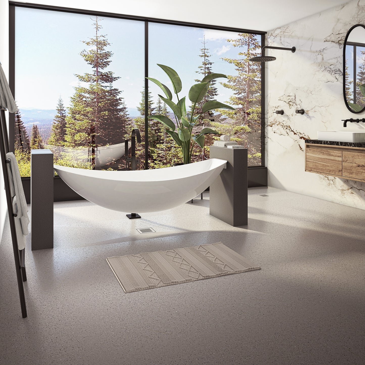 Neptune Zadar 79 Acrylic Floating Hammock Center Drain Bathtub in White