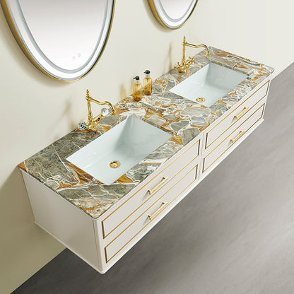 Château Luxury Double Sink Floating Vanity – Titanium Gold + Creamy Apricot Beige with Natural Marble Top