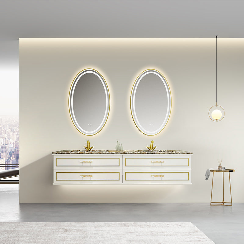 Château Luxury Double Sink Floating Vanity – Titanium Gold + Creamy Apricot Beige with Natural Marble Top