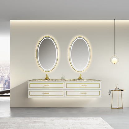 Château Luxury Double Sink Floating Vanity – Titanium Gold + Creamy Apricot Beige with Natural Marble Top