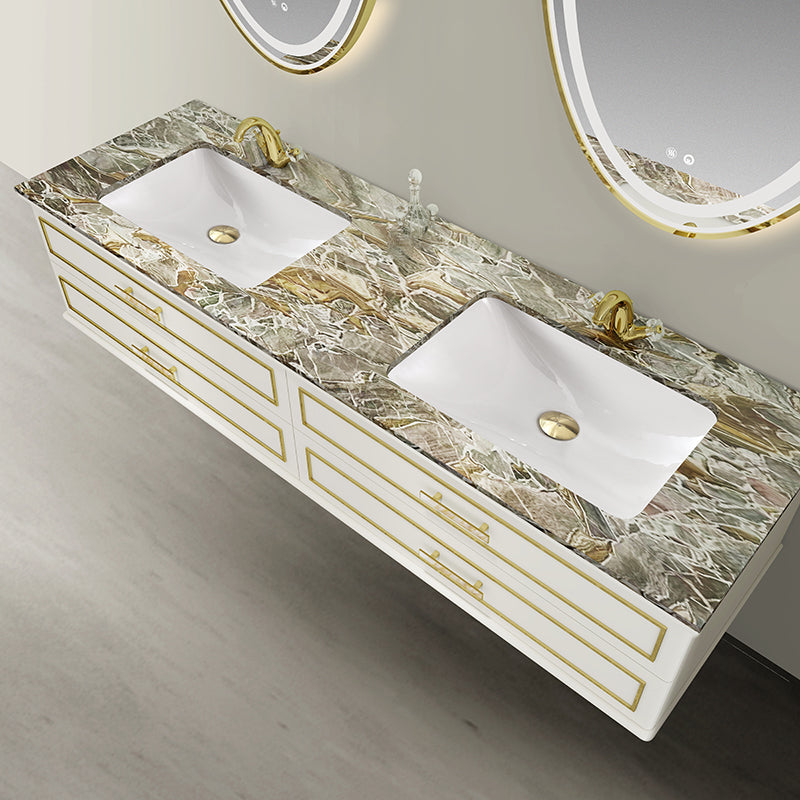 Château Luxury Double Sink Floating Vanity – Titanium Gold + Creamy Apricot Beige with Natural Marble Top