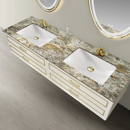 Château Luxury Double Sink Floating Vanity – Titanium Gold + Creamy Apricot Beige with Natural Marble Top