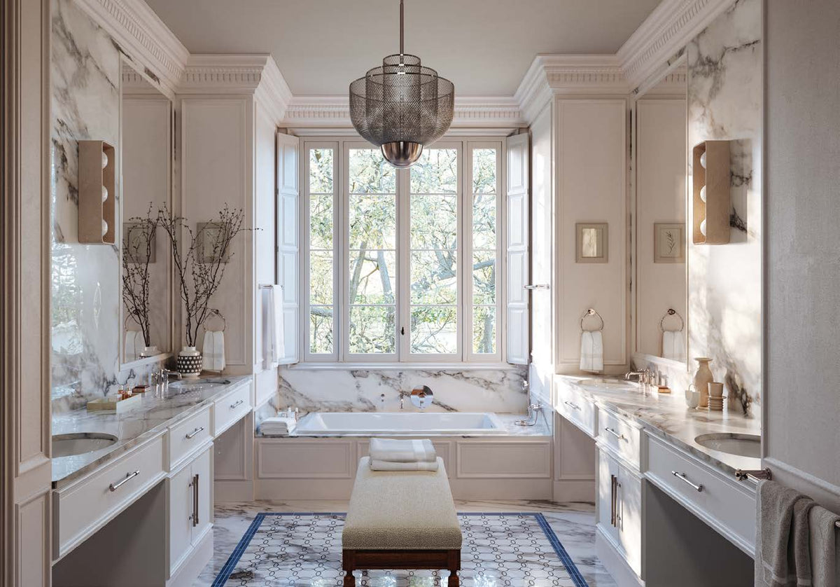 Perrin & Rowe Armstrong fixtures in a Polished Nickel bathroom interior
