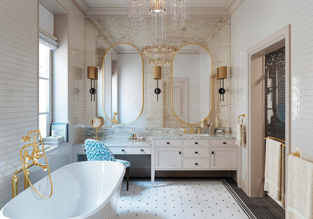 Perrin & Rowe Deco lavatory faucet, freestanding tub filler, towel ring and makeup mirror in an English Gold bathroom interior