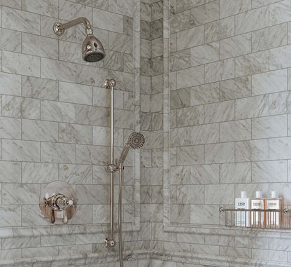 Perrin & Rowe Edwardian showerhead, shower arm, slidebar and metal-handle handshower in a silver-toned marble shower setting
