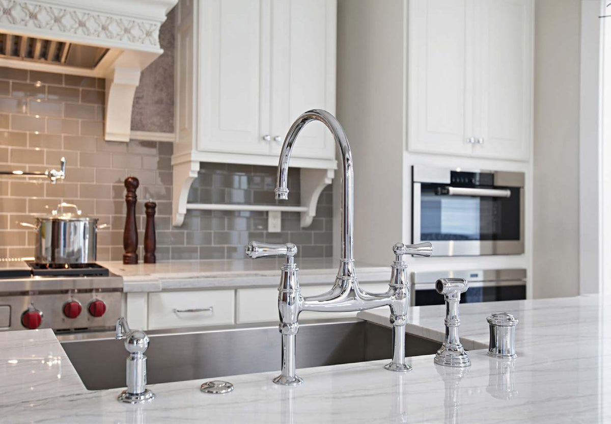 Perrin & Rowe Georgian Era bridge kitchen faucet and soap dispenser in a Polished Chrome kitchen setting