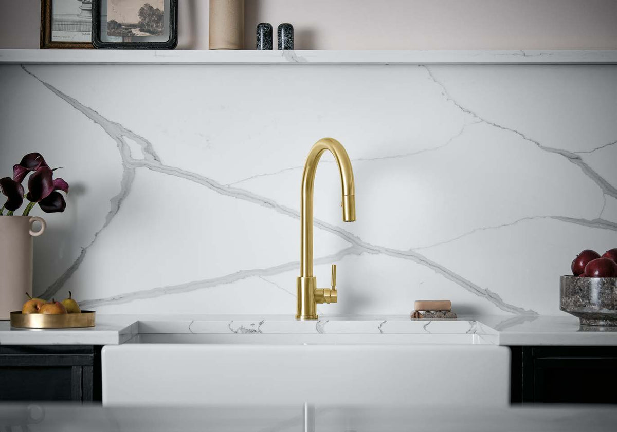 Perrin & Rowe Holborn kitchen faucet in a Satin English Gold kitchen setting