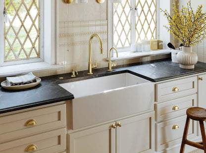 Perrin & Rowe Southbank kitchen faucet, water dispenser and soap dispenser in a Satin English Gold kitchen setting