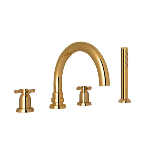 Perrin & Rowe Holborn 4-Hole Deck Mount Tubular C-Spout Bathtub Filler with Handshower