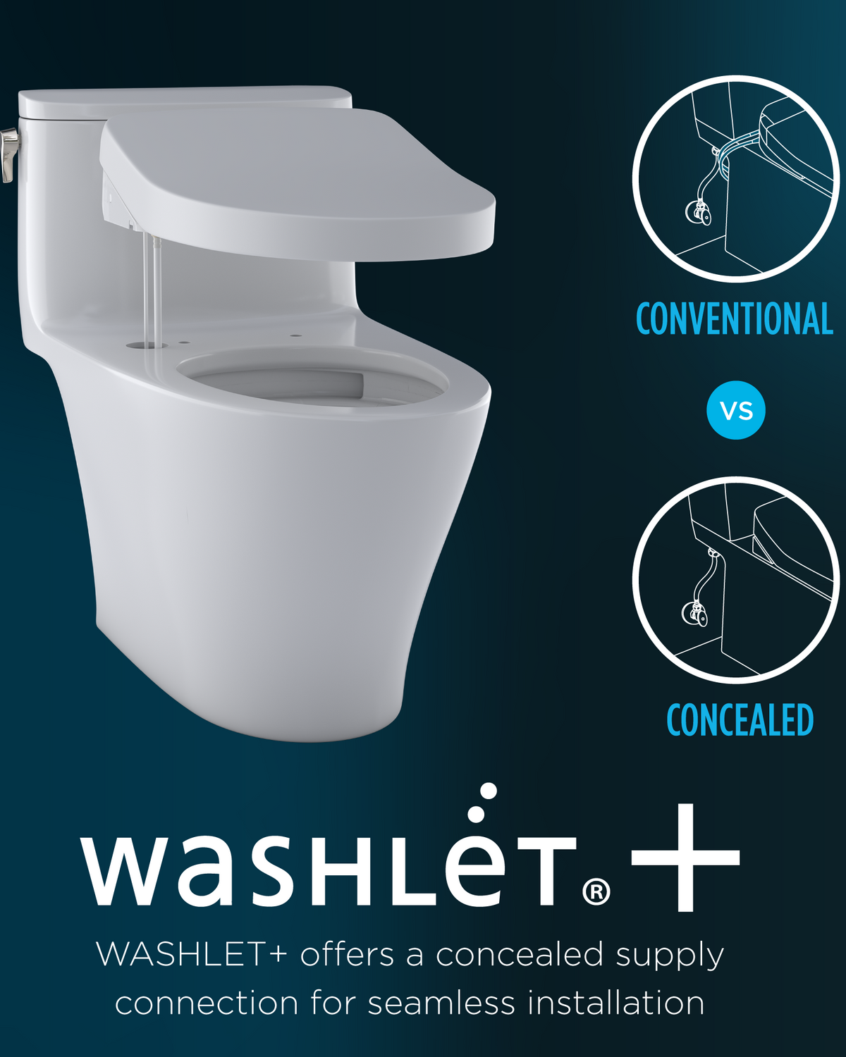 White toilet with washlet+ branding on a dark blue background