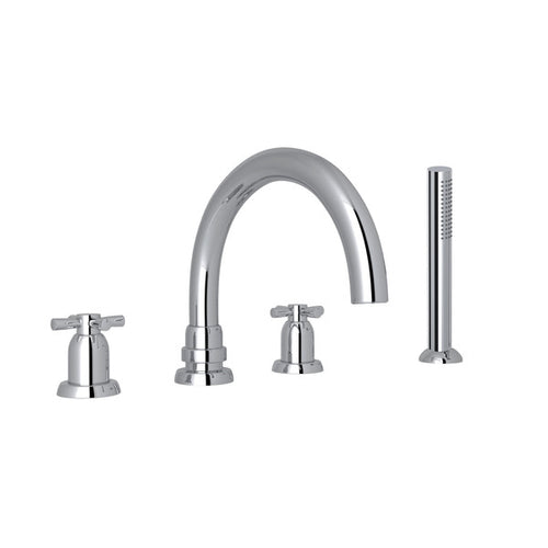 Perrin & Rowe Holborn 4-Hole Deck Mount Tubular C-Spout Bathtub Filler with Handshower
