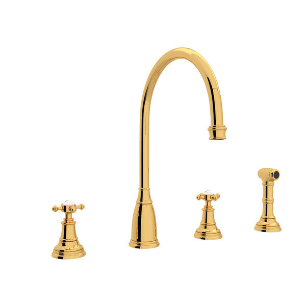 Perrin & Rowe Georgian Era 4-Hole C-Spout Kitchen Faucet With Side Spray With Cross Handle.4735X-APC