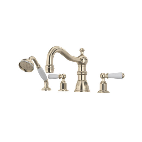 Perrin & Rowe Edwardian 4-Hole Deck Mount Column Spout Tub Filler With Handshower - With Metal Lever Handle.3745L