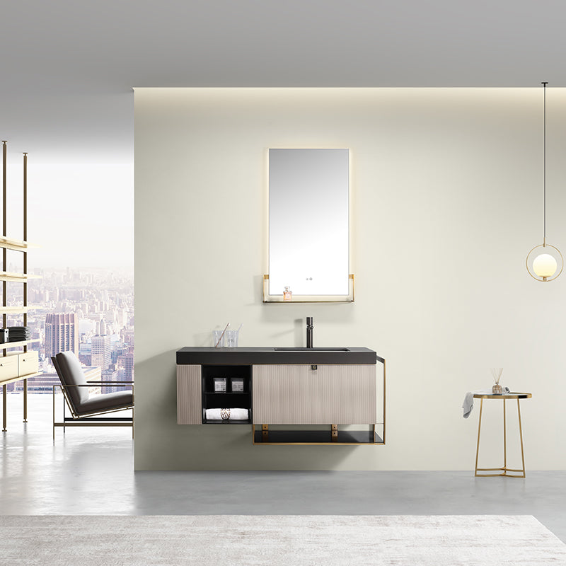 Prisma Modern Floating Bathroom Vanity – D32 Light Gray + D31 Dark Gray Top & Gold Frame