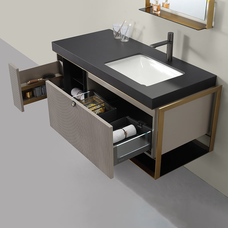 Prisma Modern Floating Bathroom Vanity – D32 Light Gray + D31 Dark Gray Top & Gold Frame