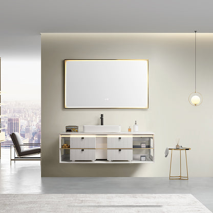 Oriel Modern Floating Bathroom Vanity – D30 White with Fluted Drawers & Gold Accents