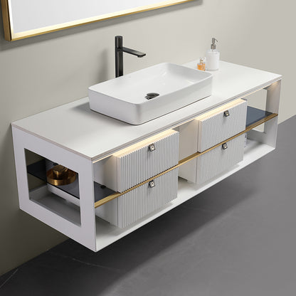 Oriel Modern Floating Bathroom Vanity – D30 White with Fluted Drawers & Gold Accents