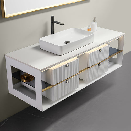 Oriel Modern Floating Bathroom Vanity – D30 White with Fluted Drawers & Gold Accents
