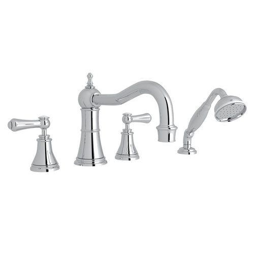 Perrin & Rowe Georgian Era 4-Hole Deck Mount Column Spout Tub Filler With Handshower - With White Porcelain Lever Handle.3747LSP