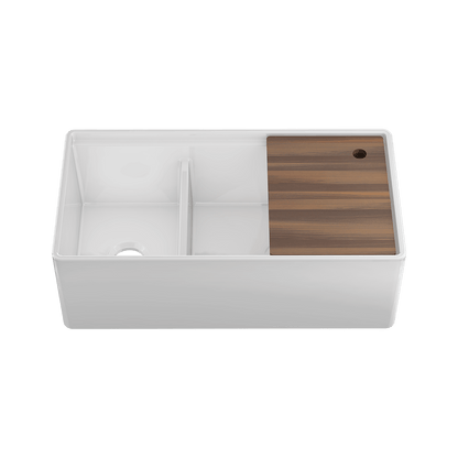 Julien Apron Front Undermount Double Bowl Kitchen Sink with Accessory Ledge, 36"x19"x11-1/2"